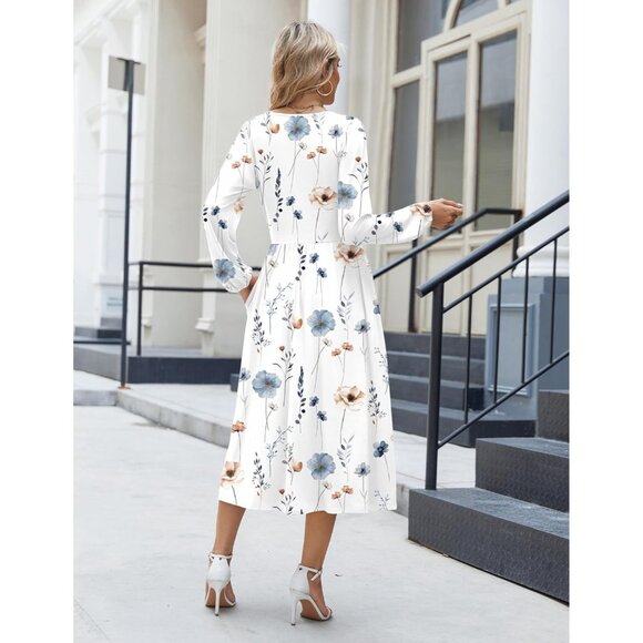 Zeagoo Women White Floral Long Sleeve Flowy A-Line Boho Long Dress with Pockets - Picture 4 of 6